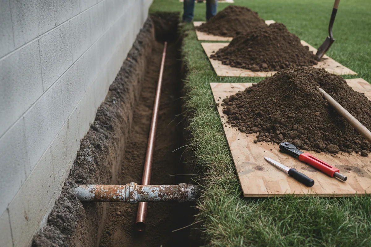 Excavated water line trench during Water Heater Repair in Ashburn